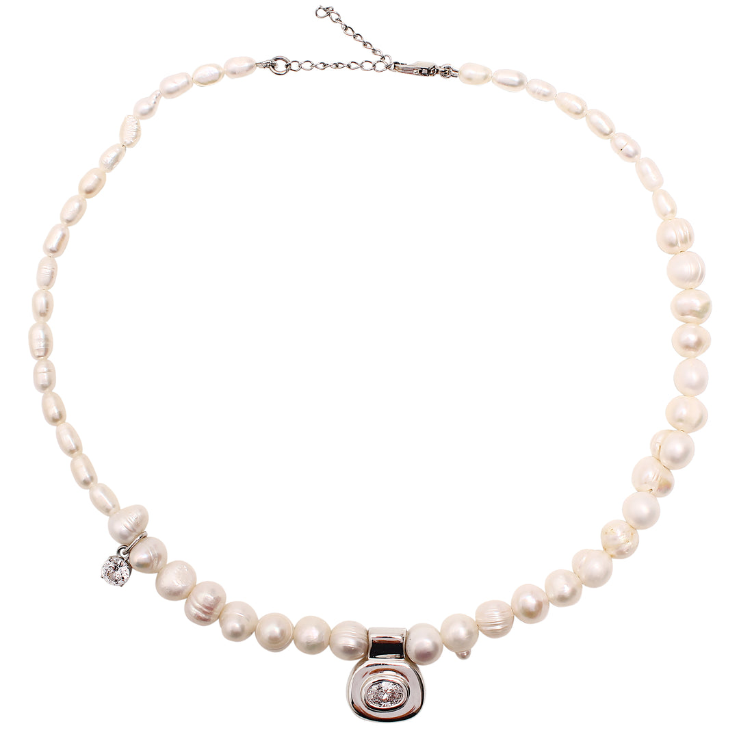 DELPHINE Necklace - Pearl, Silver & CZ